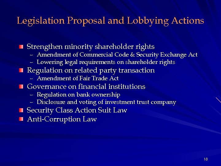 Legislation Proposal and Lobbying Actions Strengthen minority shareholder rights – Amendment of Commercial Code