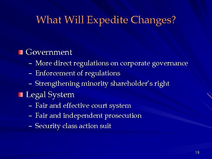 What Will Expedite Changes? Government – – – More direct regulations on corporate governance