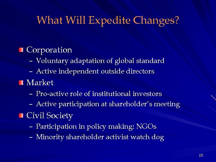 What Will Expedite Changes? Corporation – Voluntary adaptation of global standard – Active independent