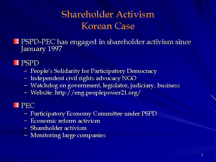 Shareholder Activism Korean Case PSPD-PEC has engaged in shareholder activism since January 1997 PSPD