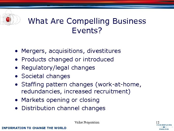 What Are Compelling Business Events? • • • Mergers, acquisitions, divestitures Products changed or