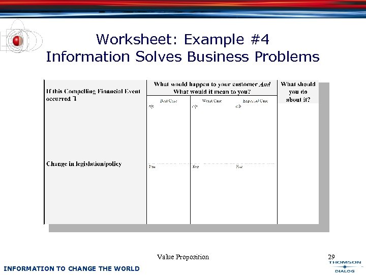 Worksheet: Example #4 Information Solves Business Problems Value Proposition INFORMATION TO CHANGE THE WORLD