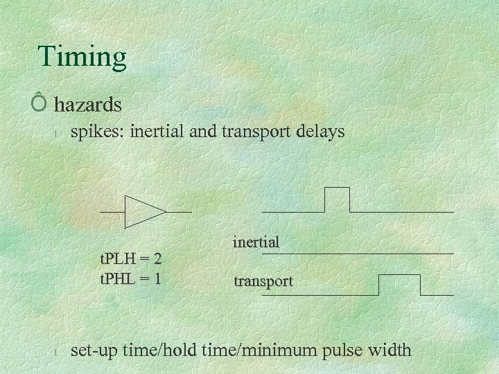 Timing Ô hazards l spikes: inertial and transport delays t. PLH = 2 t.