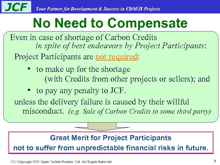 JCF Your Partner for Development & Success in CDM/JI Projects No Need to Compensate