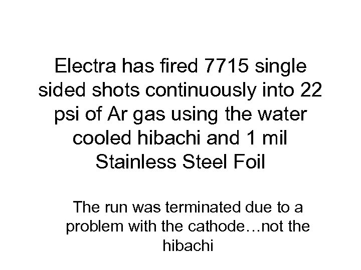 Electra has fired 7715 single sided shots continuously into 22 psi of Ar gas