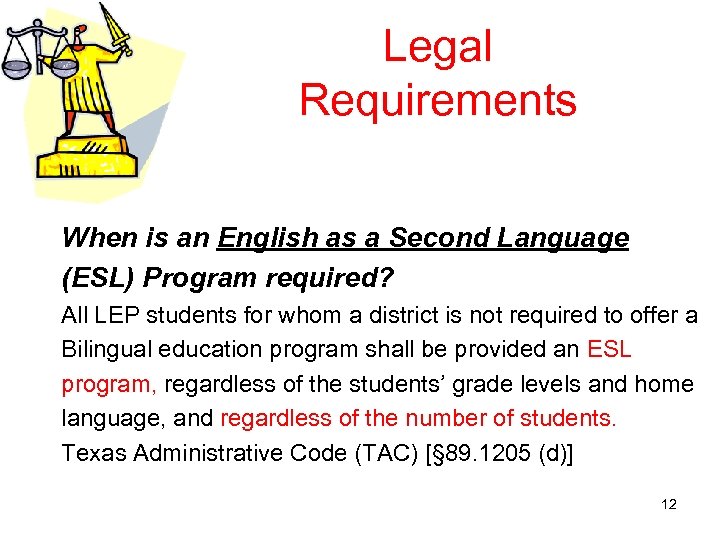 Legal Requirements When is an English as a Second Language (ESL) Program required? All