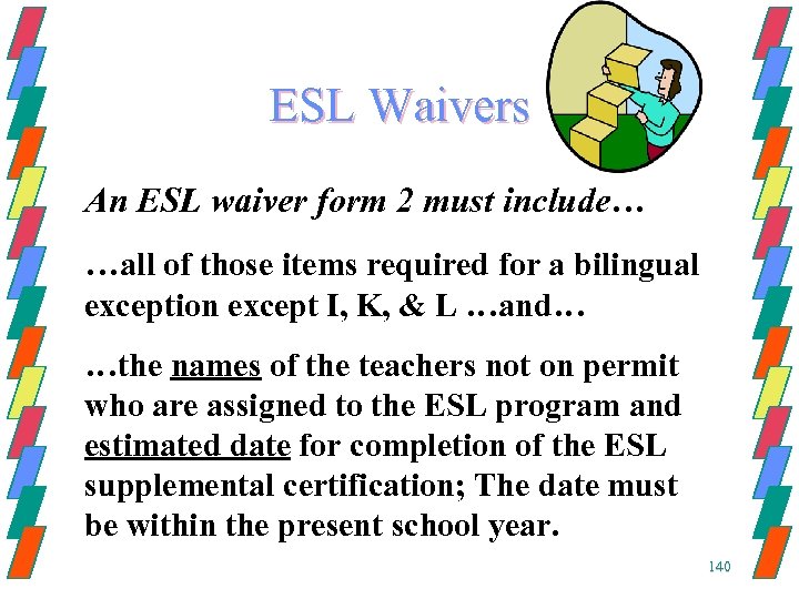ESL Waivers An ESL waiver form 2 must include… …all of those items required