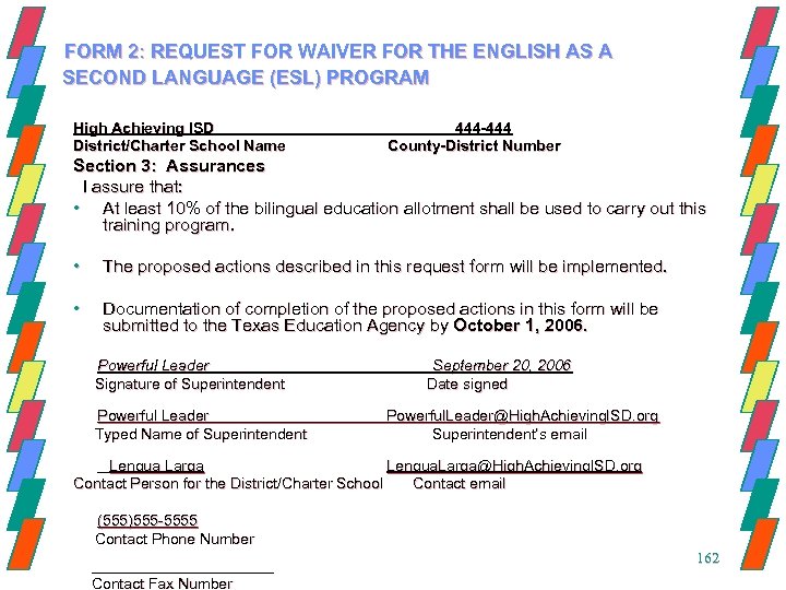  FORM 2: REQUEST FOR WAIVER FOR THE ENGLISH AS A SECOND LANGUAGE (ESL)