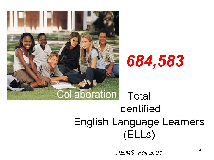  684, 583 Total Identified English Language Learners (ELLs) PEIMS, Fall 2004 3 