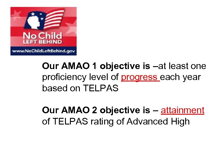 Our AMAO 1 objective is –at least one proficiency level of progress each year