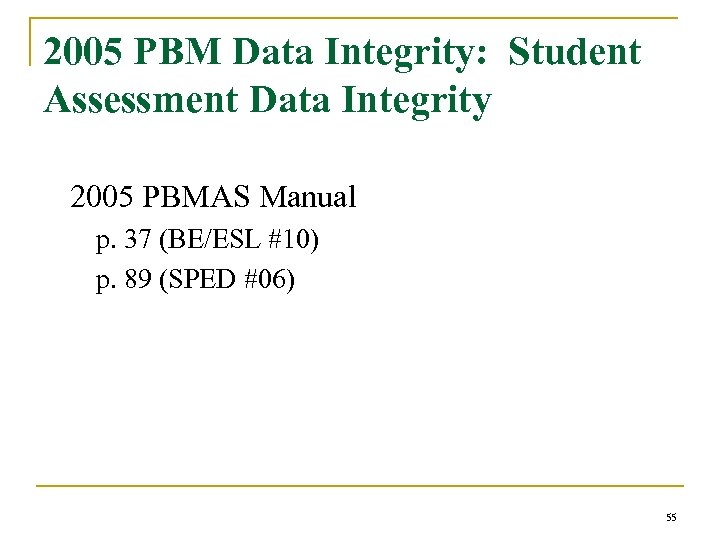 2005 PBM Data Integrity: Student Assessment Data Integrity 2005 PBMAS Manual p. 37 (BE/ESL