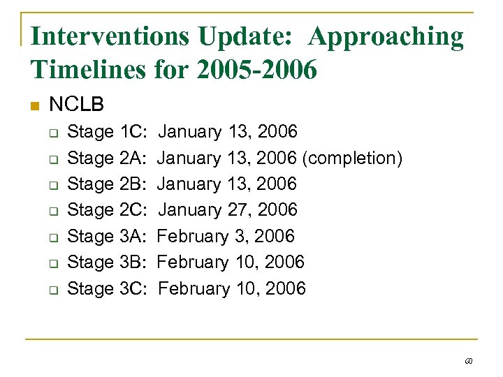 Interventions Update: Approaching Timelines for 2005 -2006 n NCLB q q q q Stage