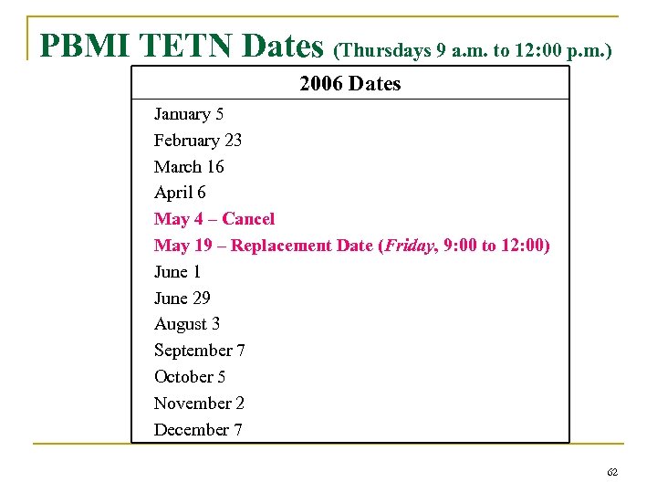 PBMI TETN Dates (Thursdays 9 a. m. to 12: 00 p. m. ) 2006