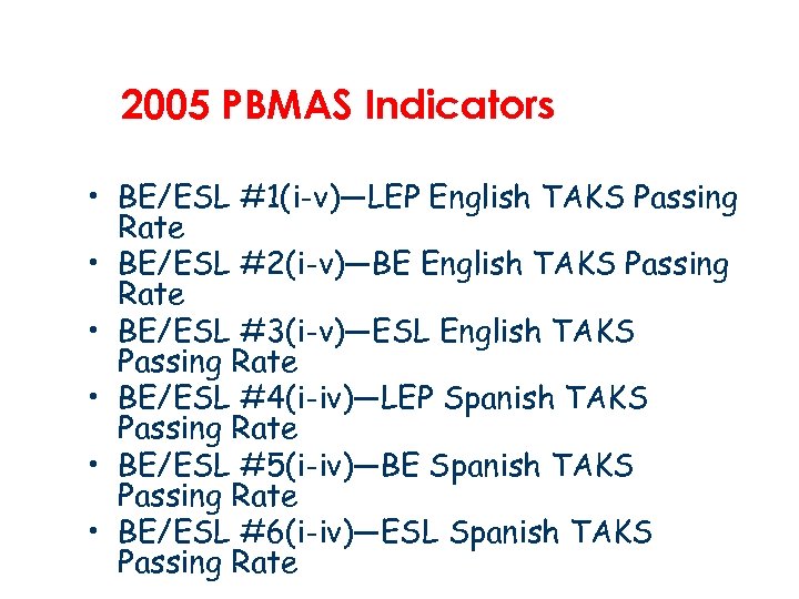 2005 PBMAS Indicators • BE/ESL #1(i-v)—LEP English TAKS Passing Rate • BE/ESL #2(i-v)—BE English
