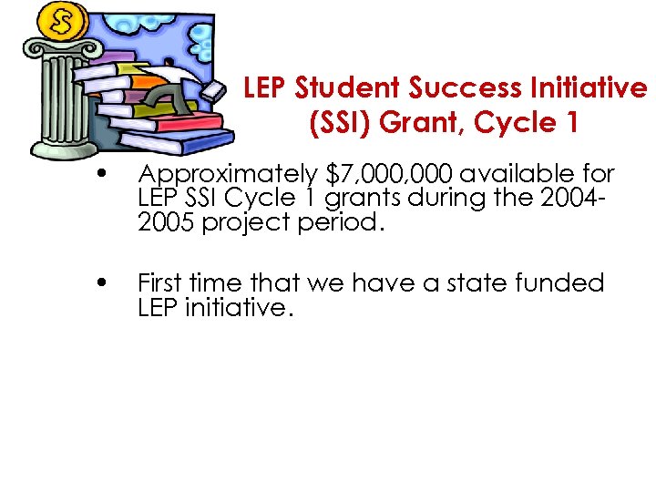 LEP Student Success Initiative (SSI) Grant, Cycle 1 • Approximately $7, 000 available for