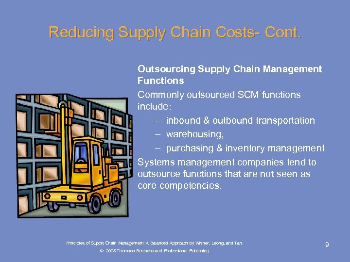 Reducing Supply Chain Costs- Cont. Outsourcing Supply Chain Management Functions Commonly outsourced SCM functions