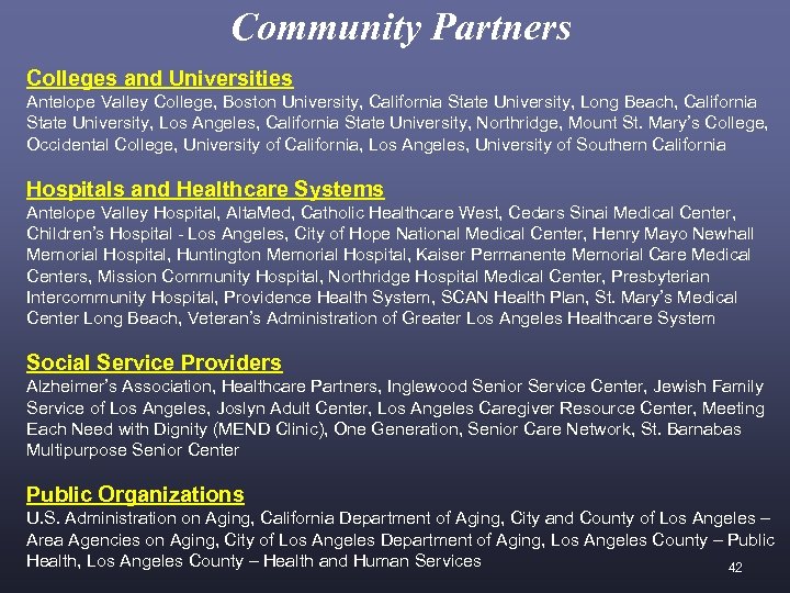 Community Partners Colleges and Universities Antelope Valley College, Boston University, California State University, Long