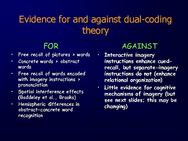 Evidence for and against dual-coding theory • • • FOR Free recall of pictures