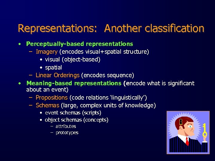 Representations: Another classification • Perceptually-based representations – Imagery (encodes visual+spatial structure) • visual (object-based)