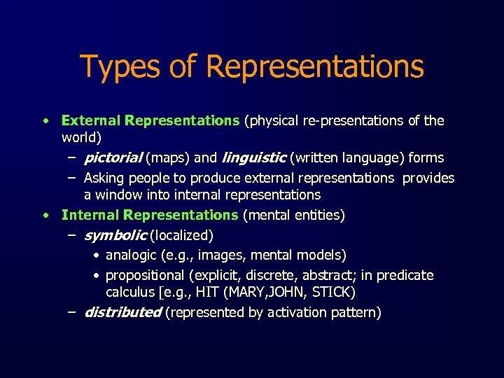 Types of Representations • External Representations (physical re-presentations of the world) – pictorial (maps)