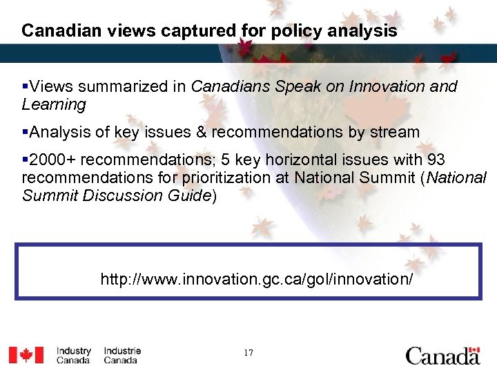 Canadian views captured for policy analysis §Views summarized in Canadians Speak on Innovation and