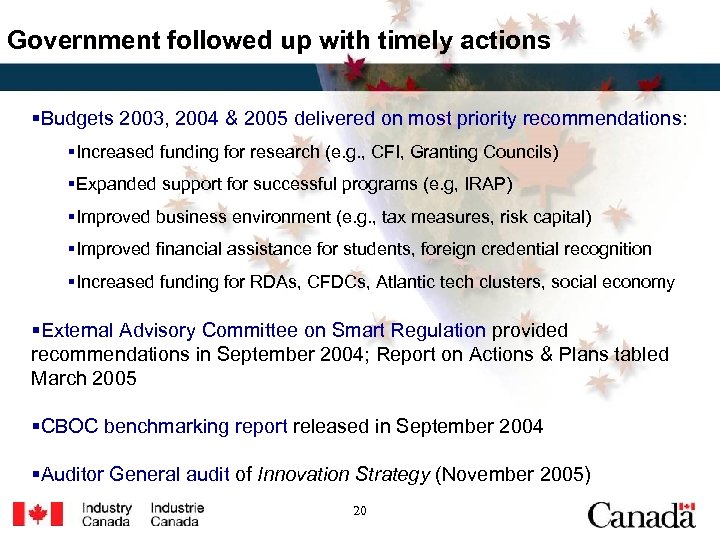 Government followed up with timely actions §Budgets 2003, 2004 & 2005 delivered on most