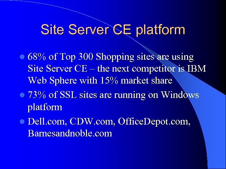 Site Server CE platform l 68% of Top 300 Shopping sites are using Site