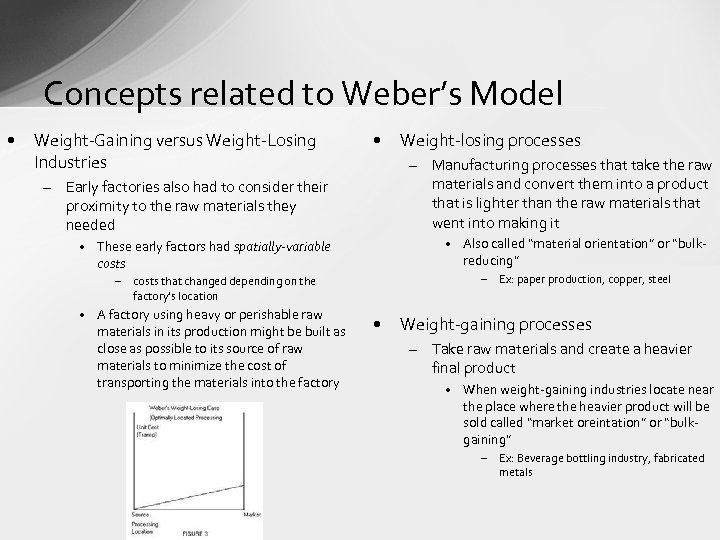 Concepts related to Weber’s Model • Weight-Gaining versus Weight-Losing Industries • – Manufacturing processes