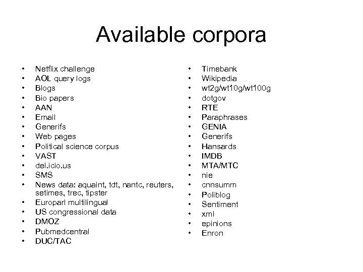 Available corpora • • • • • Netflix challenge AOL query logs Bio papers