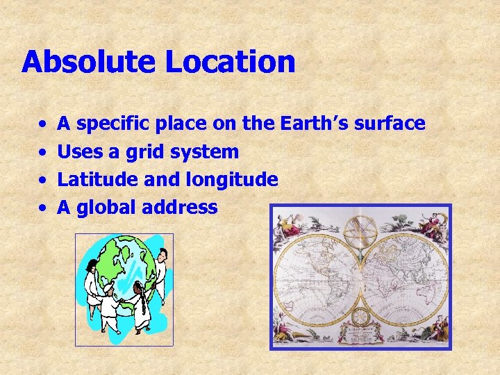 Absolute Location • • A specific place on the Earth’s surface Uses a grid