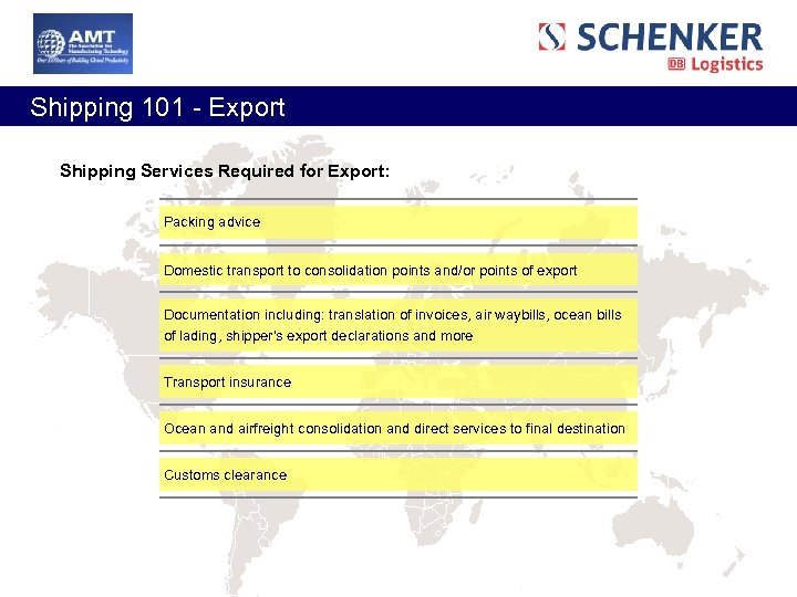  Shipping 101 - Export Shipping Services Required for Export: Packing advice Domestic transport