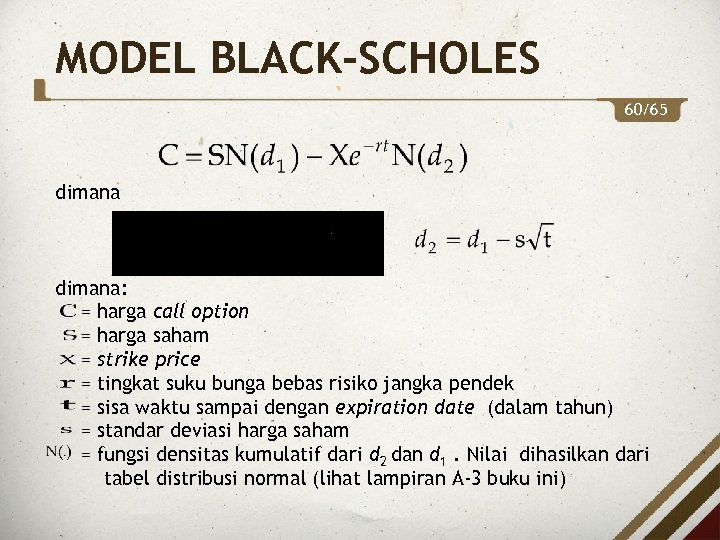 MODEL BLACK-SCHOLES 60/65 dimana: = harga call option = harga saham = strike price