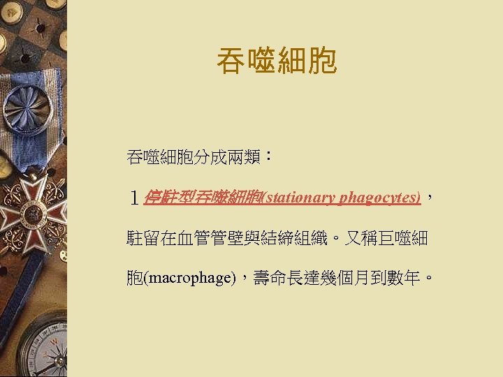 吞噬細胞分成兩類： １停駐型吞噬細胞(stationary phagocytes)， 駐留在血管管壁與結締組織。又稱巨噬細 胞(macrophage)，壽命長達幾個月到數年。 