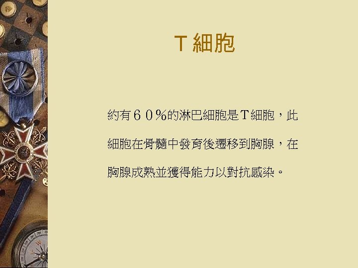 Ｔ細胞 約有６０％的淋巴細胞是Ｔ細胞，此 細胞在骨髓中發育後遷移到胸腺，在 胸腺成熟並獲得能力以對抗感染。 
