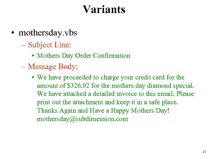 Variants • mothersday. vbs – Subject Line: • Mothers Day Order Confirmation – Message
