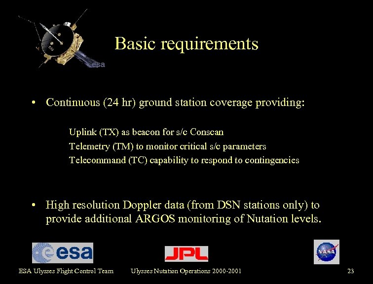 Basic requirements • Continuous (24 hr) ground station coverage providing: Uplink (TX) as beacon