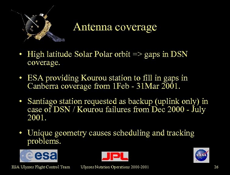 Antenna coverage • High latitude Solar Polar orbit => gaps in DSN coverage. •