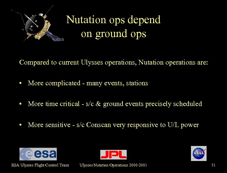 Nutation ops depend on ground ops Compared to current Ulysses operations, Nutation operations are: