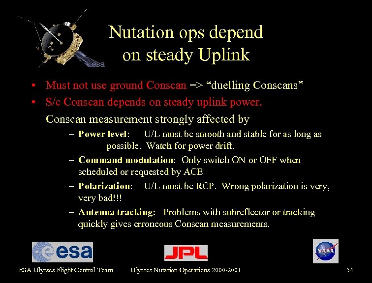 Nutation ops depend on steady Uplink • Must not use ground Conscan => “duelling