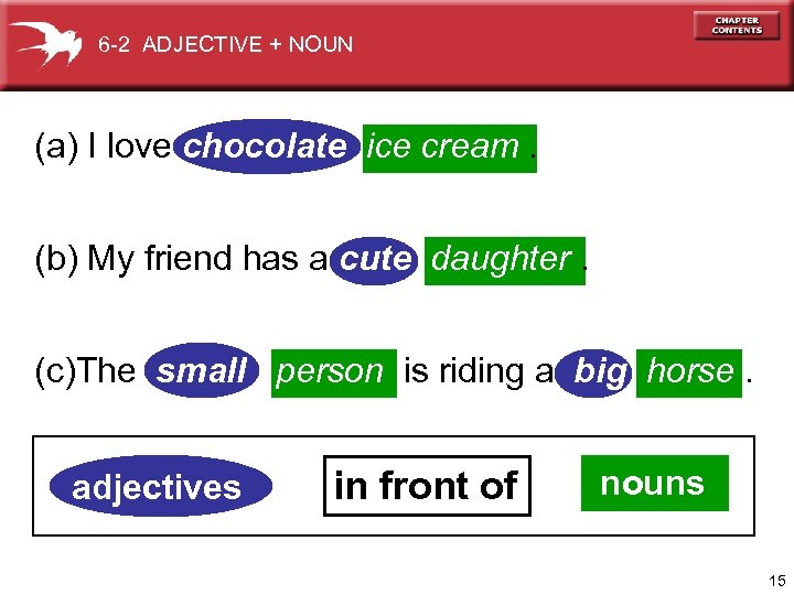 6 -2 ADJECTIVE + NOUN (a) I love chocolate ice cream. (b) My friend