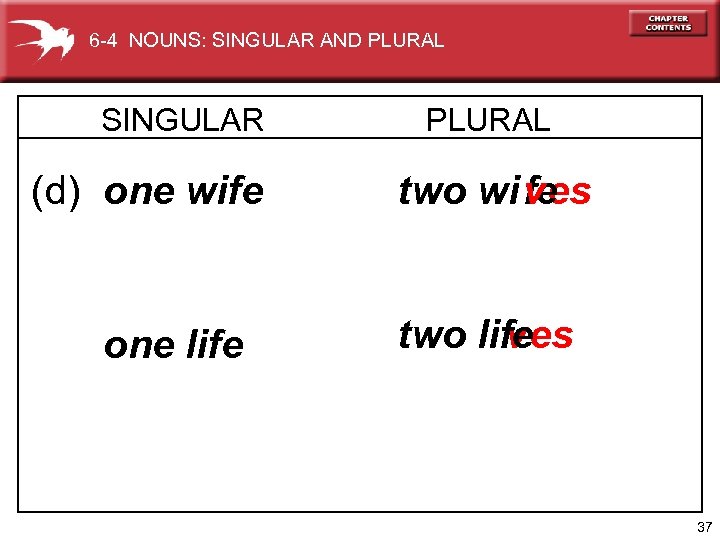 6 -4 NOUNS: SINGULAR AND PLURAL SINGULAR (d) one wife one life PLURAL two