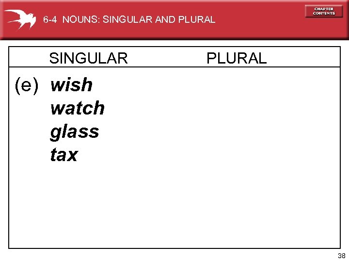 6 -4 NOUNS: SINGULAR AND PLURAL SINGULAR PLURAL (e) wish watch glass tax 38