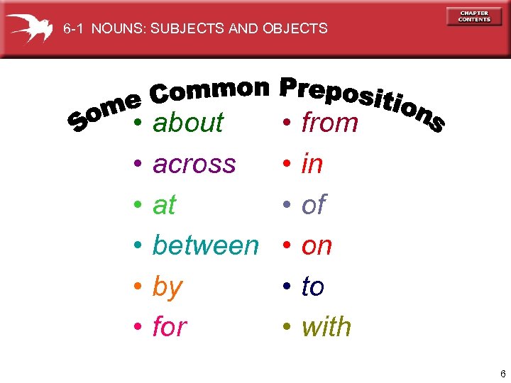 6 -1 NOUNS: SUBJECTS AND OBJECTS • • • about across at between by