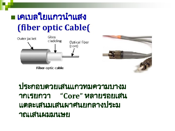 n เคเบลใยแกวนำแสง (fiber optic Cable( ประกอบดวยเสนแกวทมความบางม ากเรยกวา “Core” หลายรอยเสน แตละเสนมเสนผาศนยกลางประม าณเสนผมมนษย 