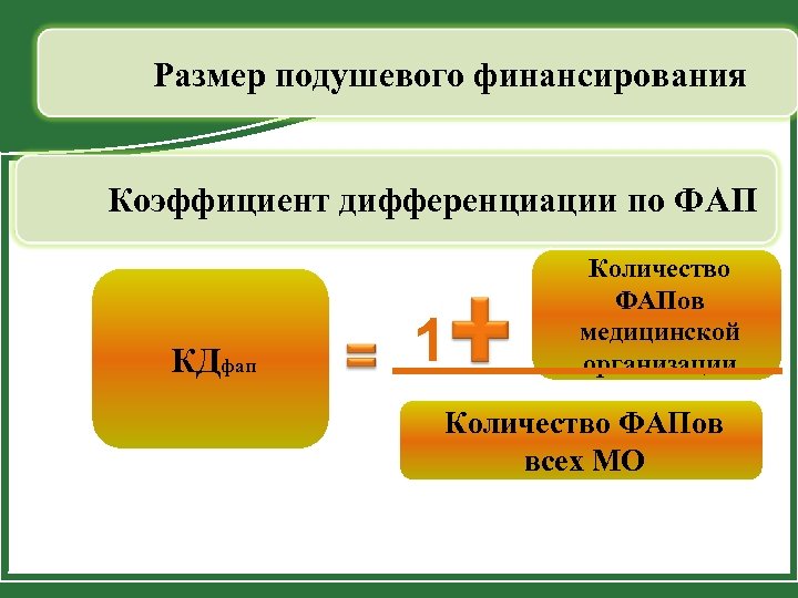 Размер подушевого финансирования Коэффициент дифференциации по ФАП КДфап 1 Количество ФАПов медицинской организации Количество