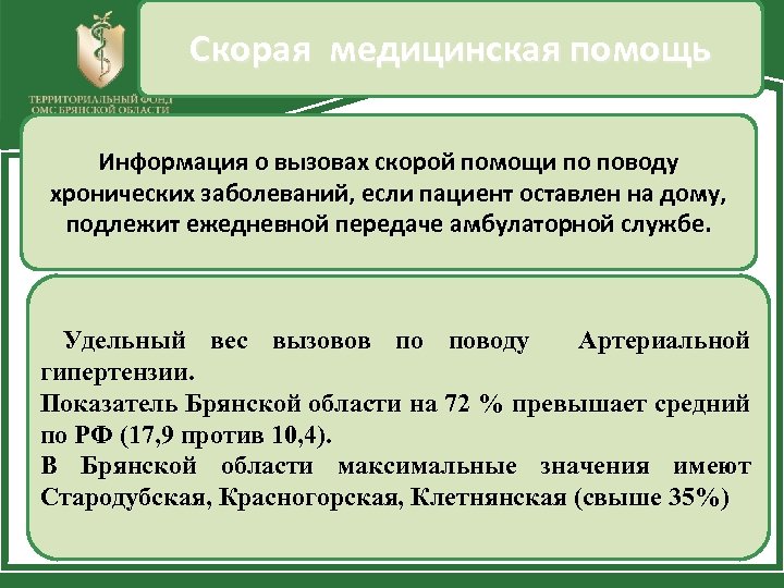 Скорая медицинская помощь Информация о вызовах скорой помощи по поводу хронических заболеваний, если пациент