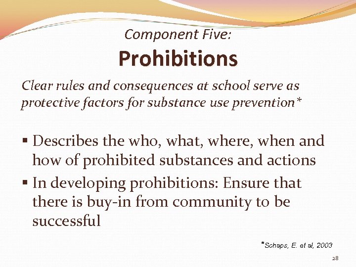 Component Five: Prohibitions Clear rules and consequences at school serve as protective factors for