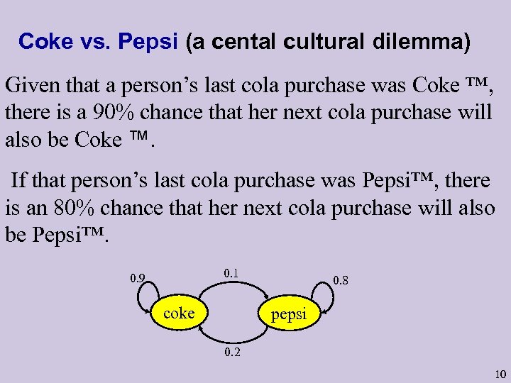 Coke vs. Pepsi (a cental cultural dilemma) Given that a person’s last cola purchase