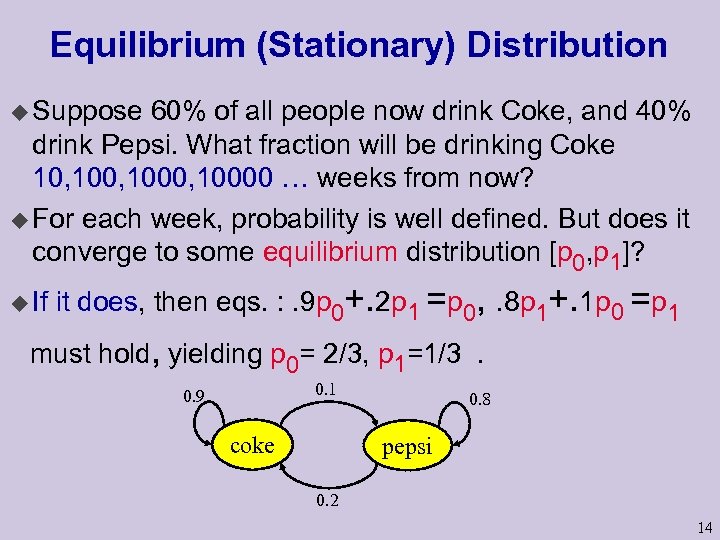 Equilibrium (Stationary) Distribution u Suppose 60% of all people now drink Coke, and 40%