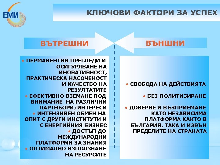 КЛЮЧОВИ ФАКТОРИ ЗА УСПЕХ ВЪТРЕШНИ • ПЕРМАНЕНТНИ ПРЕГЛЕДИ И ОСИГУРЯВАНЕ НА ИНОВАТИВНОСТ, ПРАКТИЧЕСКА НАСОЧЕНОСТ